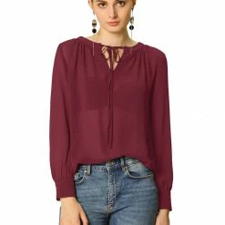 Allegra K Blouse Tie Neck Long Sleeve Chiffon Top Women