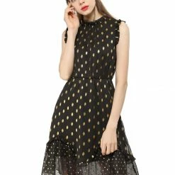 Allegra K Metallic Dot Print Sleeveless Ruffle Dress 42 Allegra K Metallic Dot Print Sleeveless Ruffle Dress