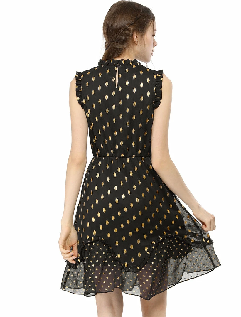 Allegra K Metallic Dot Print Sleeveless Ruffle Dress 14 Allegra K Metallic Dot Print Sleeveless Ruffle Dress