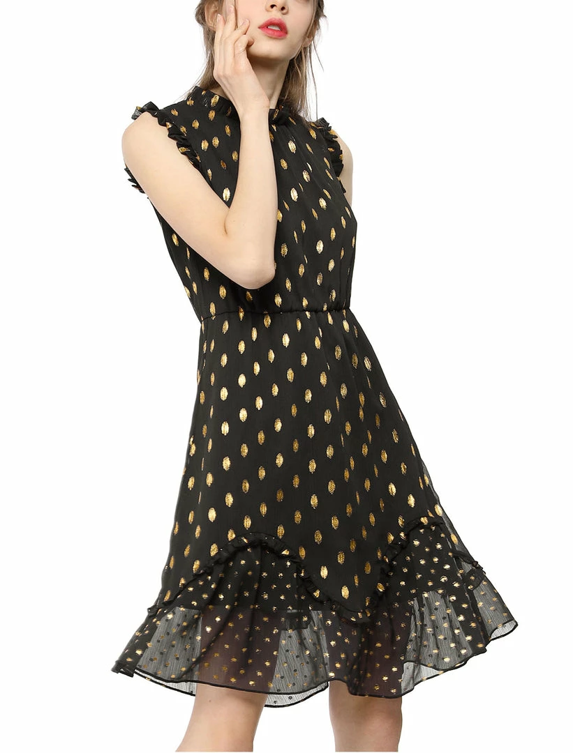 Allegra K Metallic Dot Print Sleeveless Ruffle Dress 10 Allegra K Metallic Dot Print Sleeveless Ruffle Dress