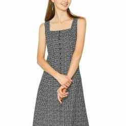 Allegra K Women's Sleeveless Square Neck A-Line Houndstooth Print Dress