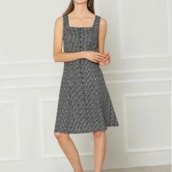 Allegra K Women's Sleeveless Square Neck A-Line Houndstooth Print Dress