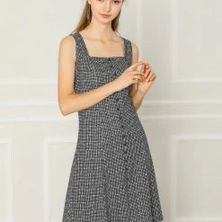 Allegra K Women's Sleeveless Square Neck A-Line Houndstooth Print Dress