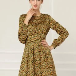 Allegra K Pleated Leopard Dress Women