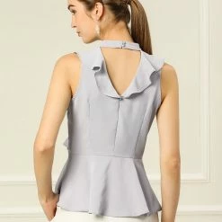 Allegra K Ruffle Décor Lace Front Halter-neck Cut-out Back Sleeveless Peplum Top Women