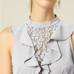 Allegra K Ruffle Décor Lace Front Halter-neck Cut-out Back Sleeveless Peplum Top Women