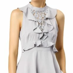Allegra K Ruffle Décor Lace Front Halter-neck Cut-out Back Sleeveless Peplum Top Women