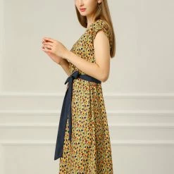 Allegra K Women's Cap Sleeve A-Line Print Belted V Neck Knee Length Dress