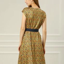 Allegra K Women's Cap Sleeve A-Line Print Belted V Neck Knee Length Dress