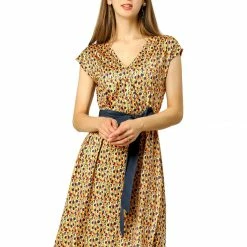 Allegra K Women's Cap Sleeve A-Line Print Belted V Neck Knee Length Dress