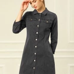 Allegra K 3/4 Sleeve Button Down Denim Shirt Dress Women