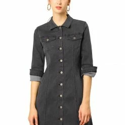 Allegra K 3/4 Sleeve Button Down Denim Shirt Dress Women