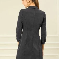 Allegra K 3/4 Sleeve Button Down Denim Shirt Dress Women