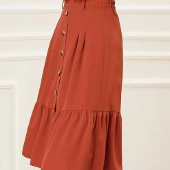 Allegra K Women's Vintage High Waisted Button Decor A-Line Belted Chiffon Ruffle Midi Skirt