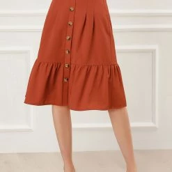 Allegra K Women's Vintage High Waisted Button Decor A-Line Belted Chiffon Ruffle Midi Skirt