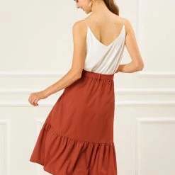 Allegra K Women's Vintage High Waisted Button Decor A-Line Belted Chiffon Ruffle Midi Skirt