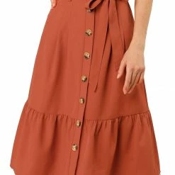 Allegra K Women's Vintage High Waisted Button Decor A-Line Belted Chiffon Ruffle Midi Skirt