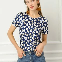 Allegra K Women's Daisy Floral Print Top Summer Crew Neck Short Sleeve Blouse Shirt
