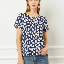 Allegra K Women's Daisy Floral Print Top Summer Crew Neck Short Sleeve Blouse Shirt
