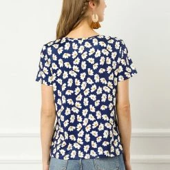 Allegra K Women's Daisy Floral Print Top Summer Crew Neck Short Sleeve Blouse Shirt