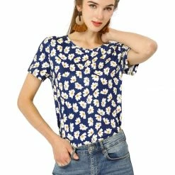 Allegra K Women's Daisy Floral Print Top Summer Crew Neck Short Sleeve Blouse Shirt