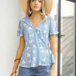 Allegra K Women's V Neck Short Sleeve Self Tie Floral Wrap Tops Blouse