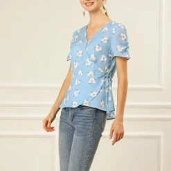 Allegra K Women's V Neck Short Sleeve Self Tie Floral Wrap Tops Blouse
