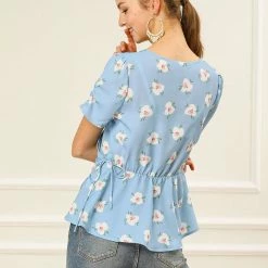 Allegra K Women's V Neck Short Sleeve Self Tie Floral Wrap Tops Blouse