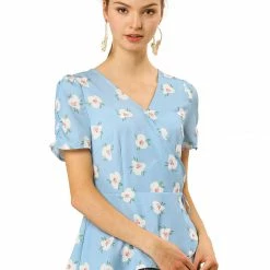 Allegra K Women's V Neck Short Sleeve Self Tie Floral Wrap Tops Blouse