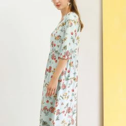 Allegra K Women's Loose Casual Floral Print Knee Length 3/4 Sleeves A-Line Dress 23 Allegra K Women's Loose Casual Floral Print Knee Length 3/4 Sleeves A-Line Dress