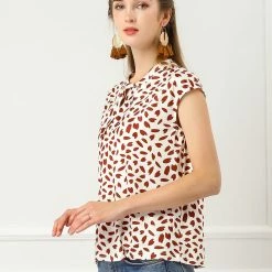Allegra K Women's Floral Tie Neck Casual Keyhole Cap Sleeve Blouse Top