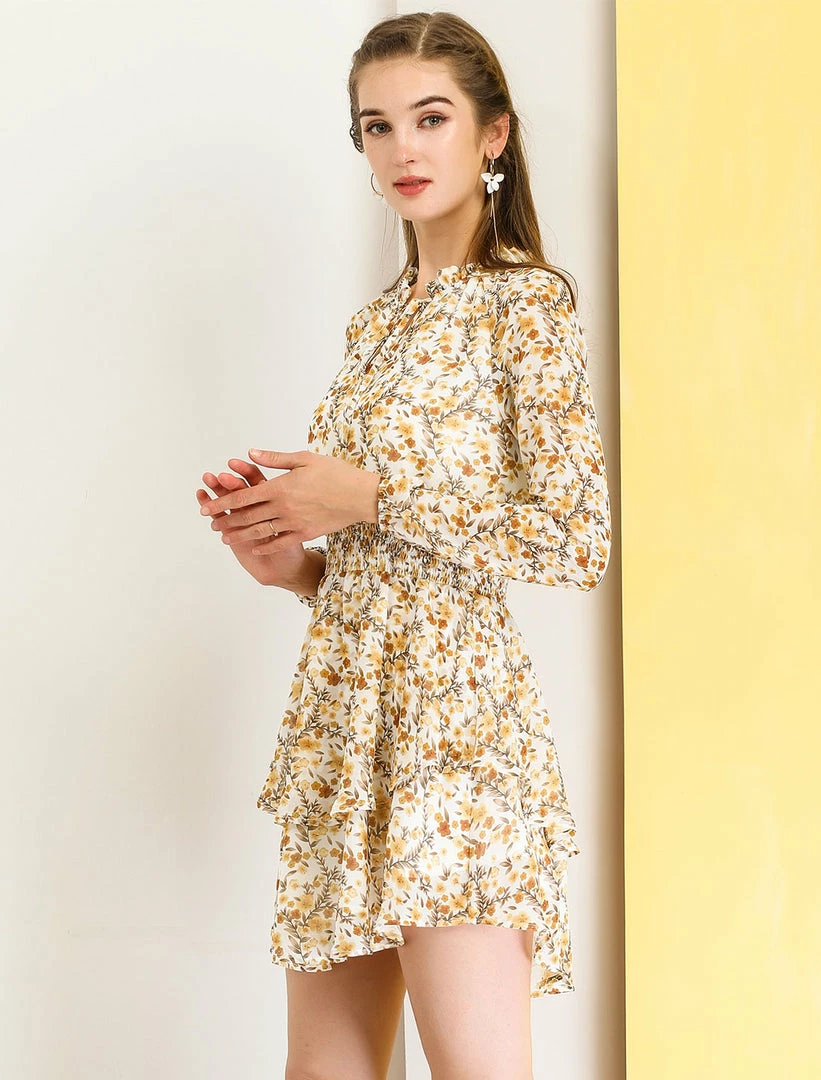 Allegra K Floral Printed Ruffled Tie V Neck Smocked Waist Dress 43 Allegra K Floral Printed Ruffled Tie V Neck Smocked Waist Dress