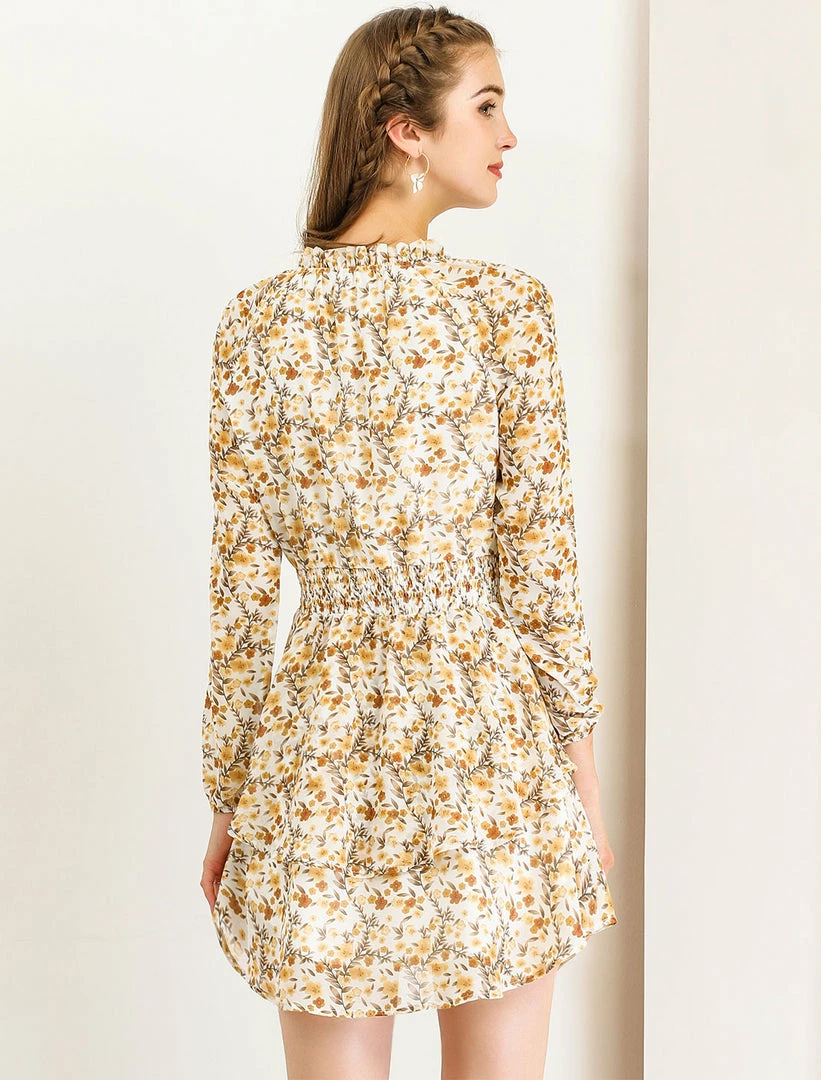 Allegra K Floral Printed Ruffled Tie V Neck Smocked Waist Dress 44 Allegra K Floral Printed Ruffled Tie V Neck Smocked Waist Dress