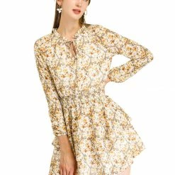 Allegra K Floral Printed Ruffled Tie V Neck Smocked Waist Dress 124 Allegra K Floral Printed Ruffled Tie V Neck Smocked Waist Dress