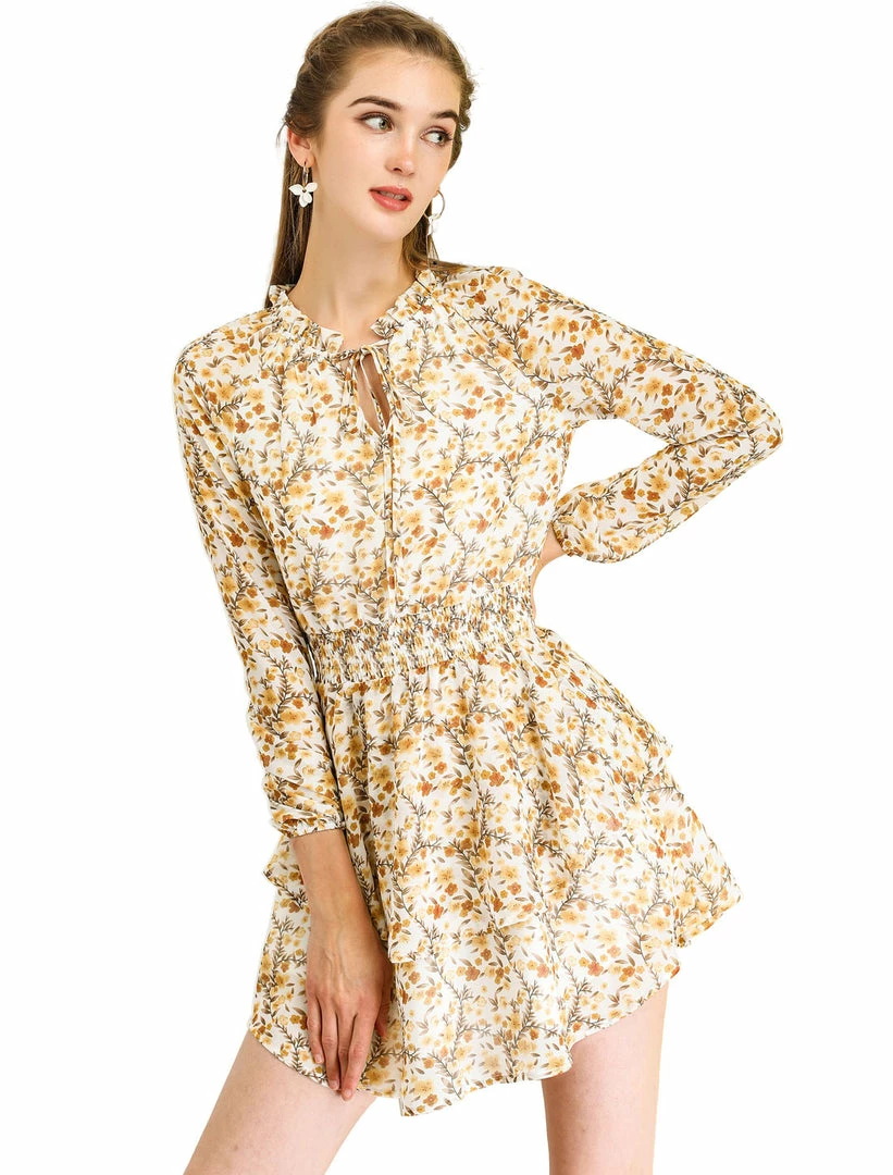 Allegra K Floral Printed Ruffled Tie V Neck Smocked Waist Dress 40 Allegra K Floral Printed Ruffled Tie V Neck Smocked Waist Dress