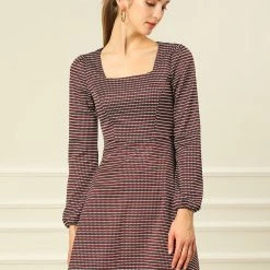 Women Allegra K Houndstooth Plaid Square Neck Long Sleeve Dress 41 Women Allegra K Houndstooth Plaid Square Neck Long Sleeve Dress