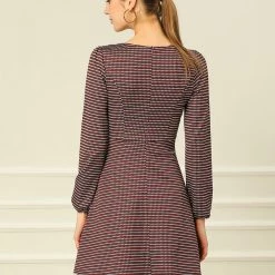 Women Allegra K Houndstooth Plaid Square Neck Long Sleeve Dress 44 Women Allegra K Houndstooth Plaid Square Neck Long Sleeve Dress