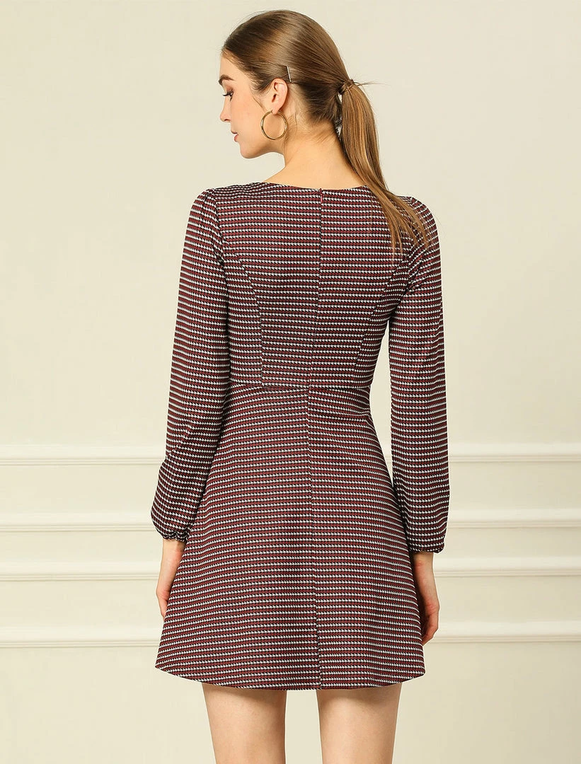 Women Allegra K Houndstooth Plaid Square Neck Long Sleeve Dress 8 Women Allegra K Houndstooth Plaid Square Neck Long Sleeve Dress