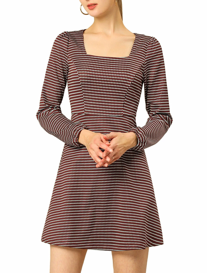 Women Allegra K Houndstooth Plaid Square Neck Long Sleeve Dress 4 Women Allegra K Houndstooth Plaid Square Neck Long Sleeve Dress