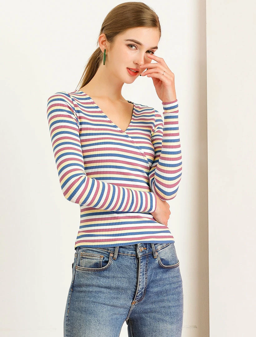 Allegra K Faux Wrap Knit Top In Striped Rainbow 6 Allegra K Faux Wrap Knit Top In Striped Rainbow