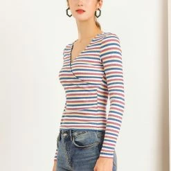 Allegra K Faux Wrap Knit Top In Striped Rainbow 31 Allegra K Faux Wrap Knit Top In Striped Rainbow
