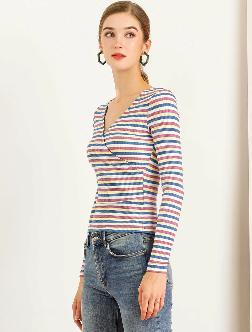 Allegra K Faux Wrap Knit Top In Striped Rainbow 7 Allegra K Faux Wrap Knit Top In Striped Rainbow