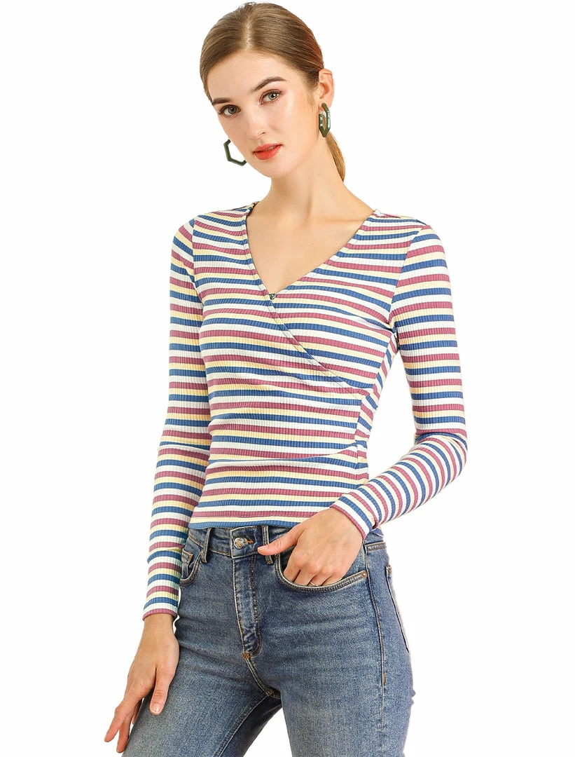 Allegra K Faux Wrap Knit Top In Striped Rainbow 4 Allegra K Faux Wrap Knit Top In Striped Rainbow