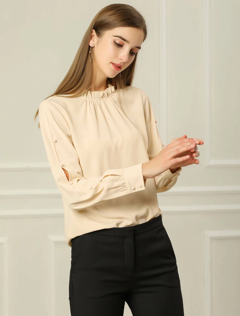 Allegra K Women's Work Ruffle Trim Mock Neck Button Decor Solid Blouse Shirt 29 Allegra K Women's Work Ruffle Trim Mock Neck Button Decor Solid Blouse Shirt