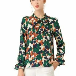 Allegra K Tie V Neck Blouse Long Trumpet Sleeve Floral Shirt Women