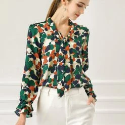 Allegra K Tie V Neck Blouse Long Trumpet Sleeve Floral Shirt Women