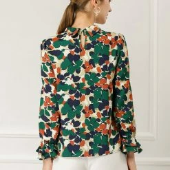 Allegra K Tie V Neck Blouse Long Trumpet Sleeve Floral Shirt Women