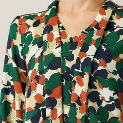 Allegra K Tie V Neck Blouse Long Trumpet Sleeve Floral Shirt Women
