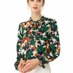 Allegra K Tie V Neck Blouse Long Trumpet Sleeve Floral Shirt Women