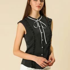 Allegra K Tie Neck Sleeveless Ruffle Button Down Chiffon Shirt Clothing 65 Allegra K Tie Neck Sleeveless Ruffle Button Down Chiffon Shirt Clothing